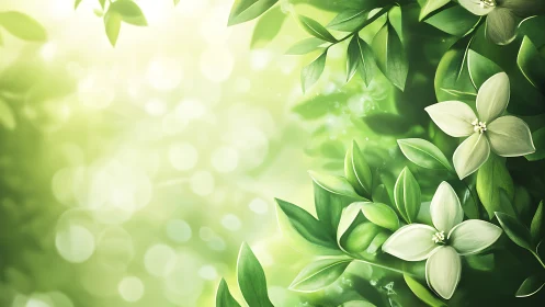 Green foliage background with white flowers and bokeh light.