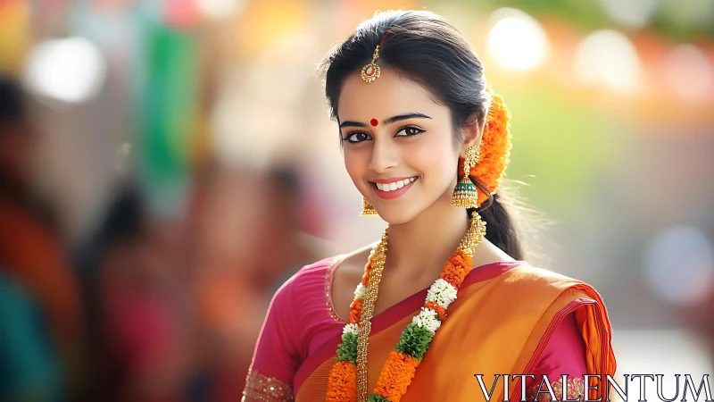 Chromatically rich portrait of woman in festive saree attire.