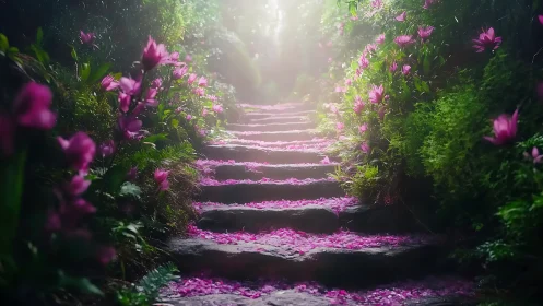 Magenta Petals Cascade Down Mystical Garden Stairway.