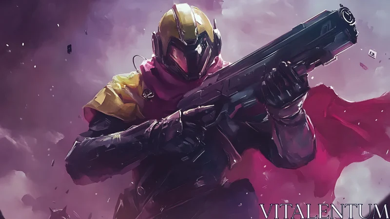 Armored space ranger aiming rifle amid violet storm clouds.