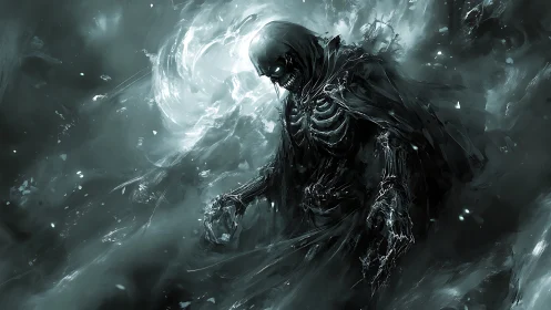 Grim wraith of shards stalks through swirling ghostlight storm.