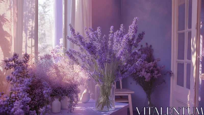 Purple Lavender Window Display in Soft Golden Sunlight.