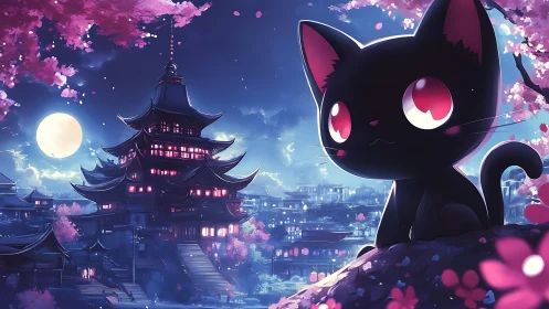 Moonlit temple hushes while a red-eyed neko guards spring