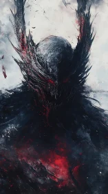 Winged void wraith emerging from bloodlit darkness.