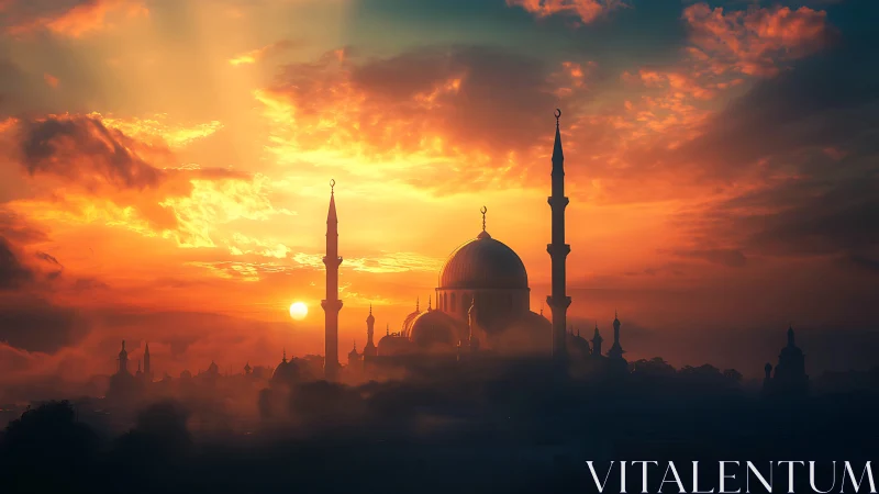 Sunlit mosque silhouette emerging through radiant mist.