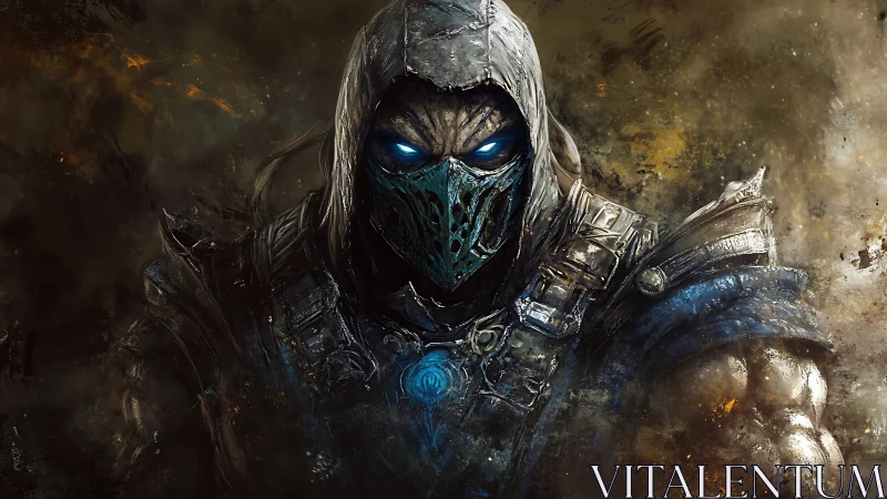 Armored hooded warrior with glowing blue eyes and mask