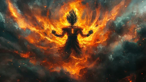 Backlit energy warrior silhouette framed by turbulent flaming vortex