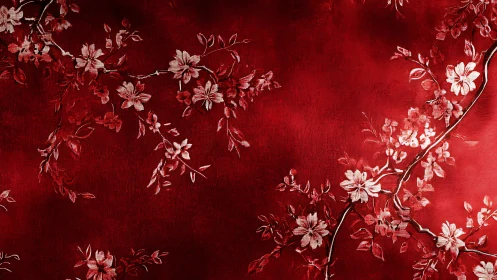 Red floral wallpaper with delicate white cherry blossoms.