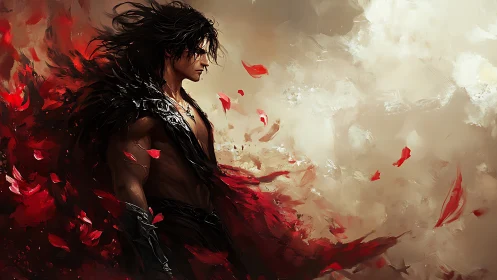 Dark warrior in crimson petals emerges from swirling storm.