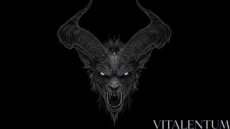 Horned demonic creature head rendered in monochrome linework