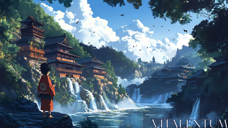 Wanderer studies cliffside temples above misted river falls