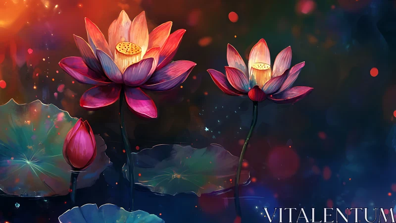 Luminescent Lotus Flowers in Mystical Night Garden.
