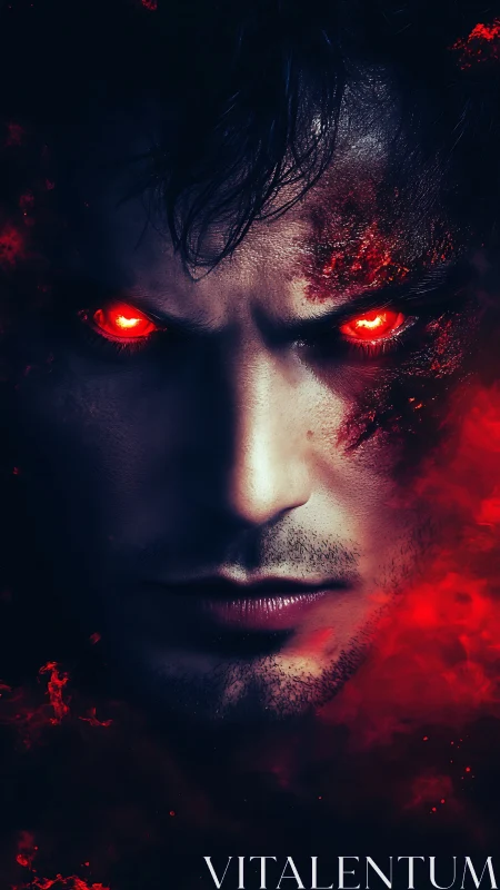 Digital painting portrait of infernal male visage in red haze.