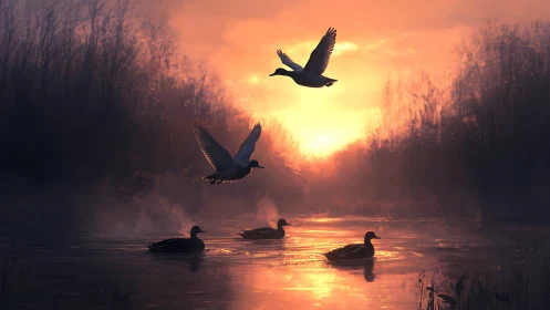 Ducks carve liquid sunlight across a misty sunset marsh.