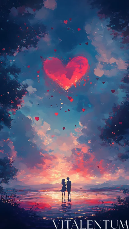 Luminescent Heart Over Twilight: Digital Romantic Landscape Composition.