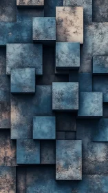 Layered blue concrete cubes in abstract geometric wall.