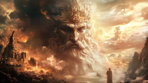 Mythic sky god looms over burning citadel at sunrise.