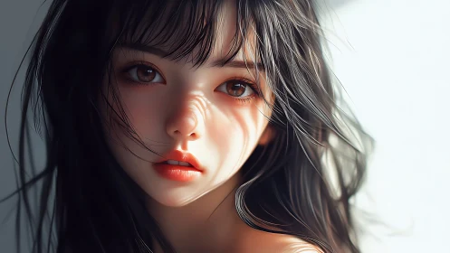 Softly lit digital portrait of girl with flowing dark hair.