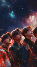 Stargazing youth stand beneath a vibrant cosmic nebula sky