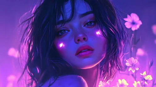 Female portrait in violet-blue neon floral illumination.