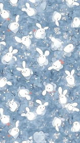 White cartoon rabbits on blue floral textured background.