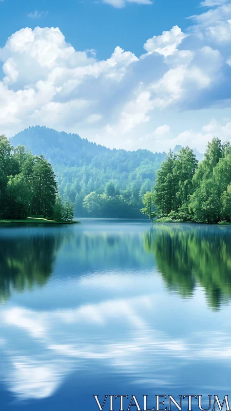 Tree-lined lake with distant forested hills under clouds.