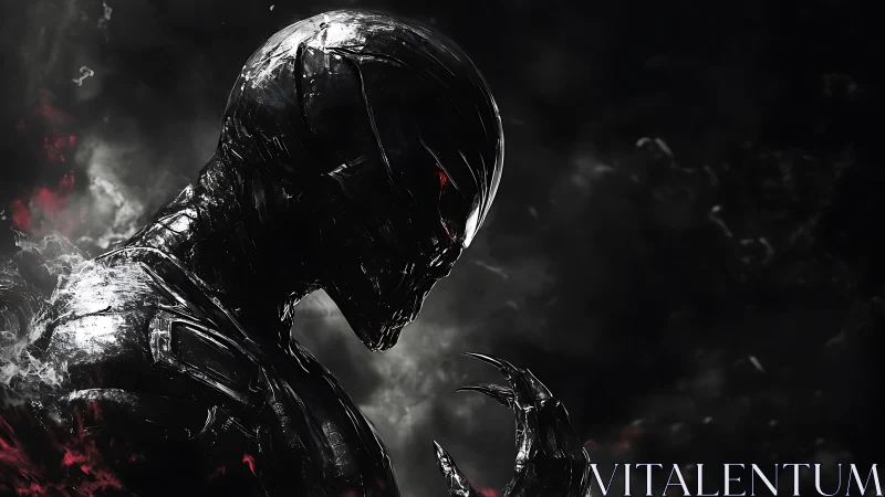 Dark metallic humanoid figure in profile against smoky void.