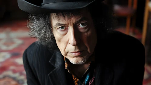 Low key portrait of older man in fedora, shallow depth render.