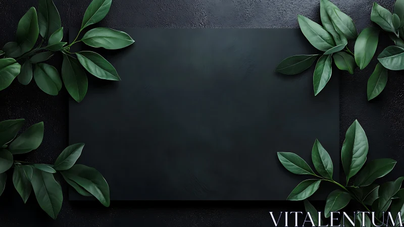 Dark slate mockup board framed by glossy green leaves.