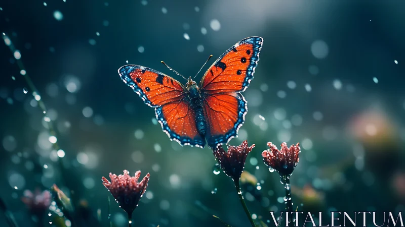 Orange butterfly hovers above wet flowers in shallow focus