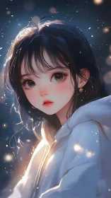 Soft-lit anime portrait with glowing bokeh particles.