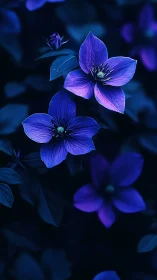 Nocturnal Delphinium Specimens in Bioluminescent Low-Light Botanical Configuration.