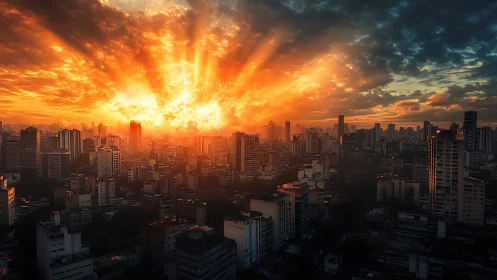 Flaming urban sunrise ignites dense high rise skyline.