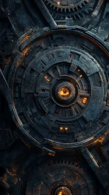 Futuristic mechanical core glows within layered iron rings