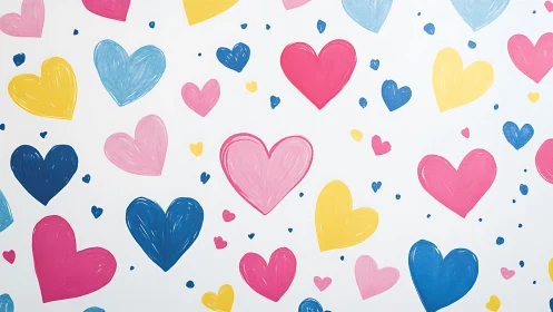 Scattered Painted Hearts in Vibrant Color Palette.