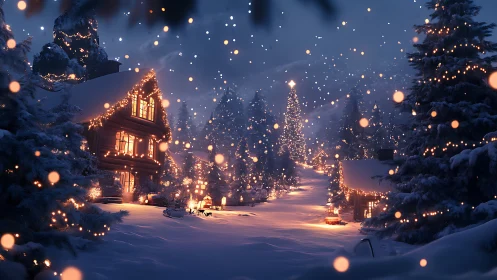 Snow-covered chalet village glows with warm festive illumination