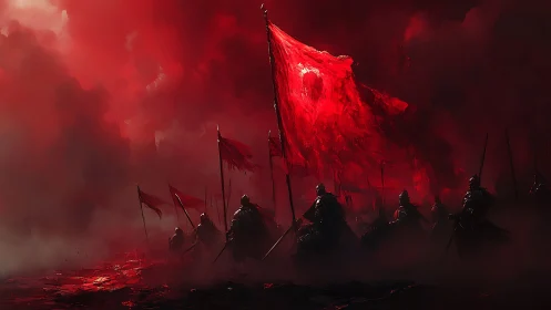 Armored soldiers advance under burning crimson war banner
