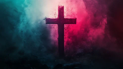 Crimson-lit cross carves glowing silence through rising smoke