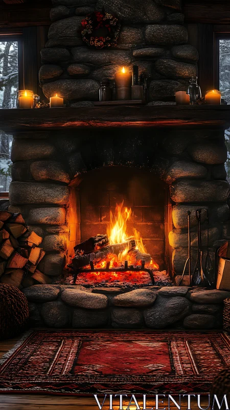 Glowing Hearth: Cozy Stone Fireplace with Dancing Flames.