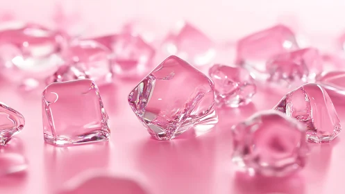 Glossy pink ice cubes sparkle softly on a pastel surface