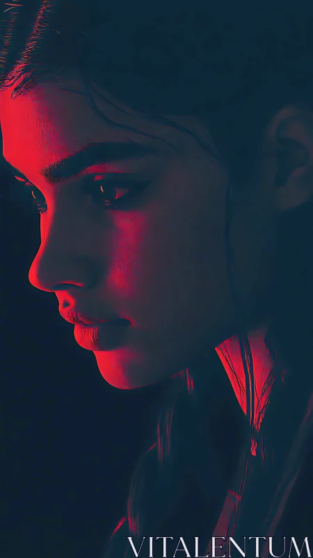 Cinematic red-gel profile portrait in high-contrast lighting.
