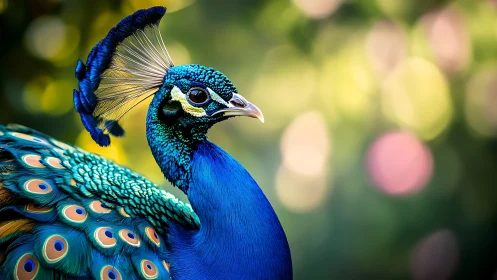 Elegant peacock portrait with vibrant feathers and soft bokeh background.