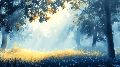 Misty Forest Clearing With Golden Light Rays