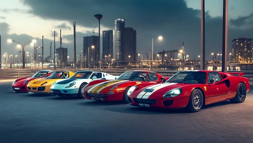 Photorealistic lineup of classic sports cars at dusk boulevard.