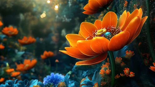 Orange Flowers with Beetle in Aquatic Environment.