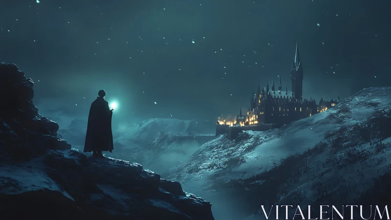 Lone mage overlooking illuminated winter fortress at night.