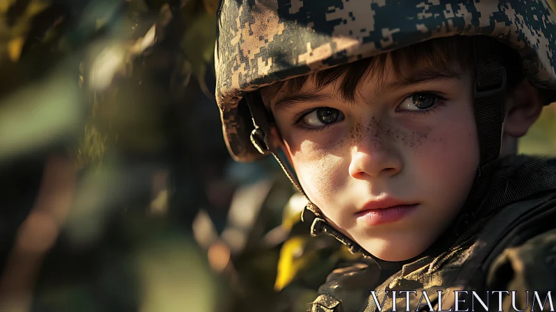 Photorealistic portrait of young soldier in soft golden bokeh.