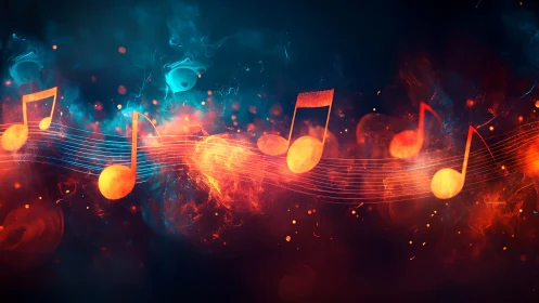 Spectral audio waveform with incandescent musical notation field.