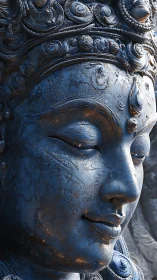 Blue metallic deity sculpture face rendered in close detail
