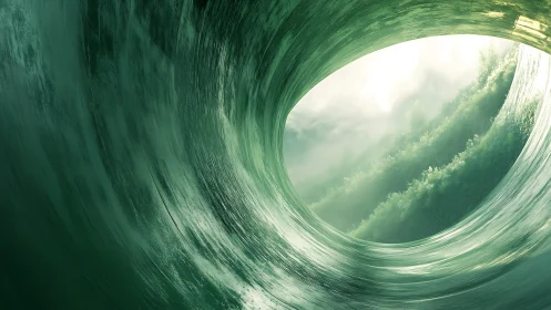 Curved translucent wave tunnel frames bright distant horizon